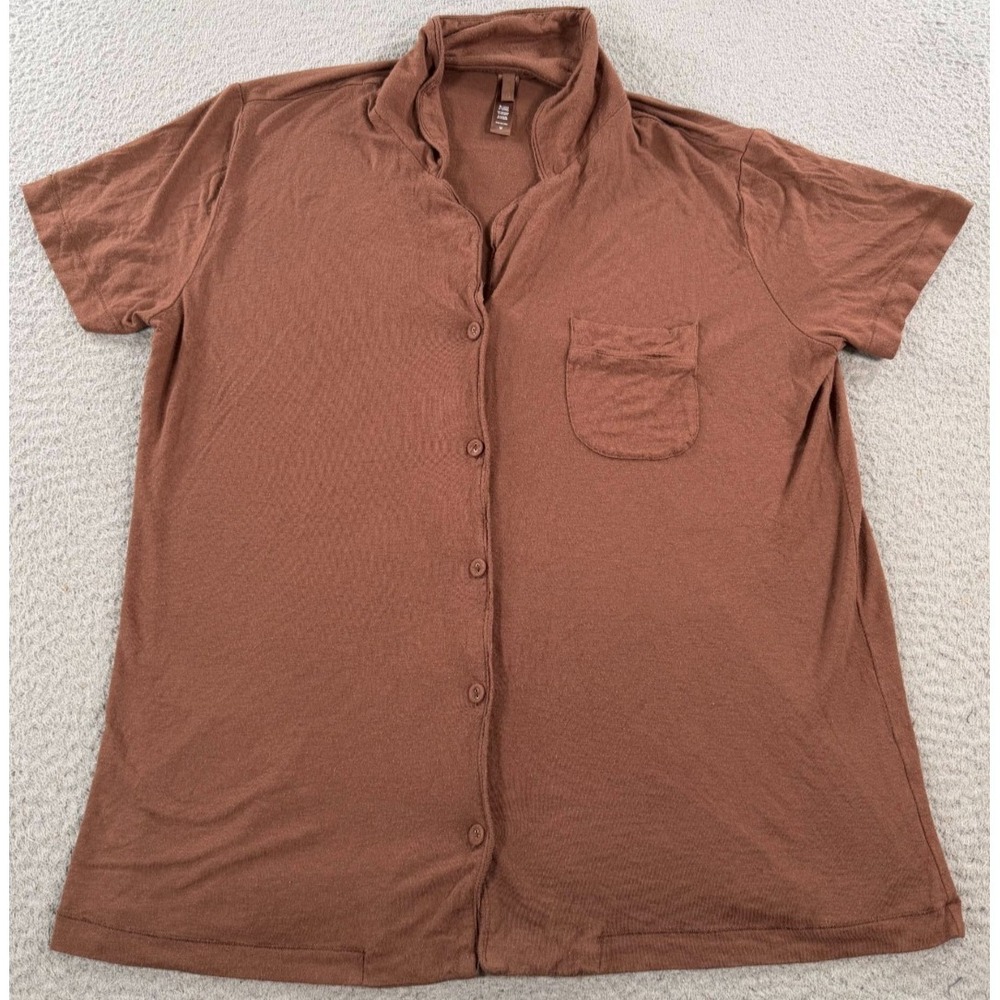SKIMS Sleep Pajama Top Women's‎ Small Brown Short Sleeve Front Pocket Button Up